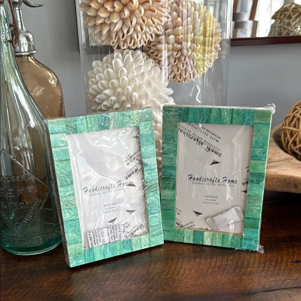 Set of 2 Aqua Blue Mosaic Tile 4×6 Photo Frames - Handmade Coastal Beach Decor